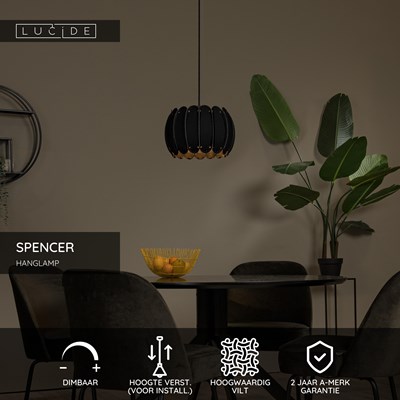 Lucide SPENCER - Hanglamp - Ø 30 cm - 1xE27 - Zwart